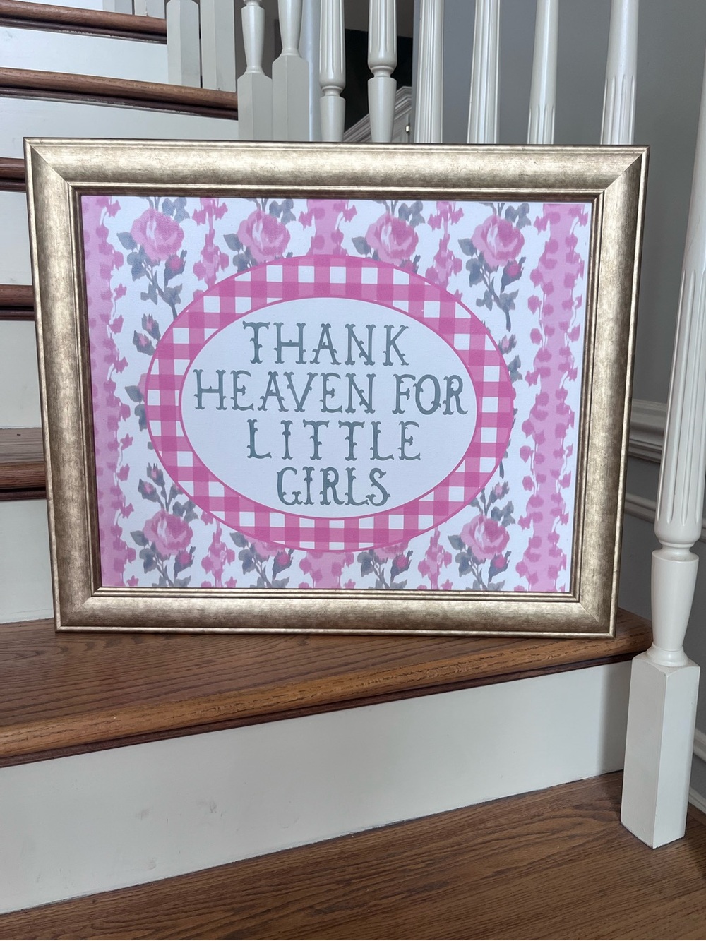 Cottage Core Thank Heaven For Little Girls Gold Framed Canvas 19.5 X 23.5 “